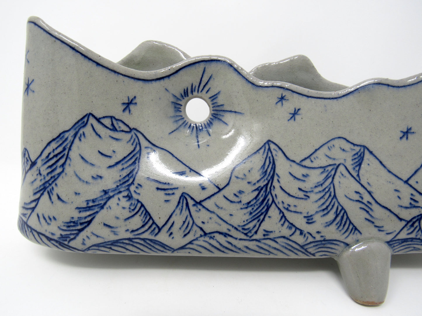 Mountain Landscape Vase with Feet in Blue and Gray
