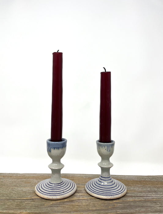 Two Striped Candlesticks in Blue and White