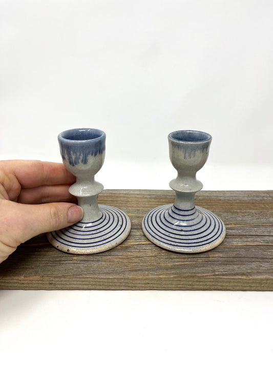 Two Striped Candlesticks in Blue and White