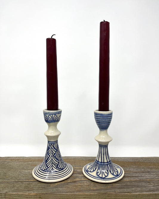 Two Tall Geometric Candlesticks in Blue and White