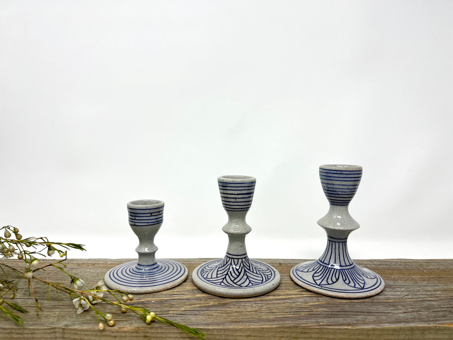 Set of Three Inlaid Candlesticks in Blue and Gray
