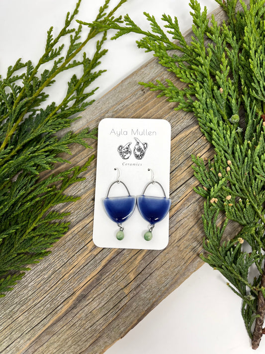 Cobalt Arch Earrings with Green Dangles