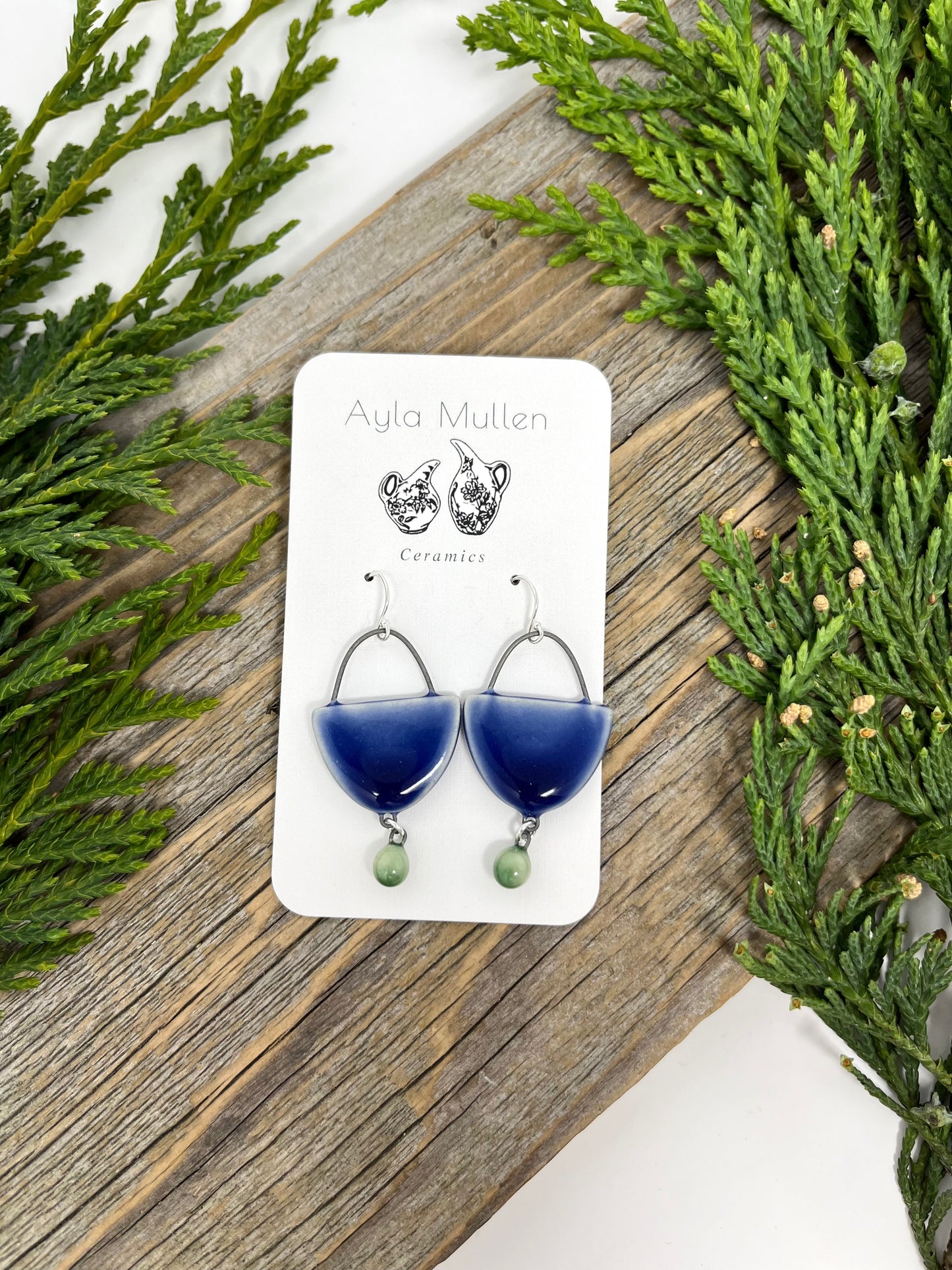 Cobalt Arch Earrings with Green Dangles