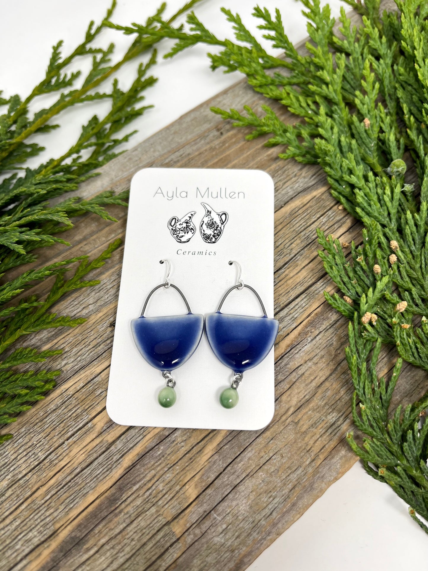 Cobalt Arch Earrings with Green Dangles