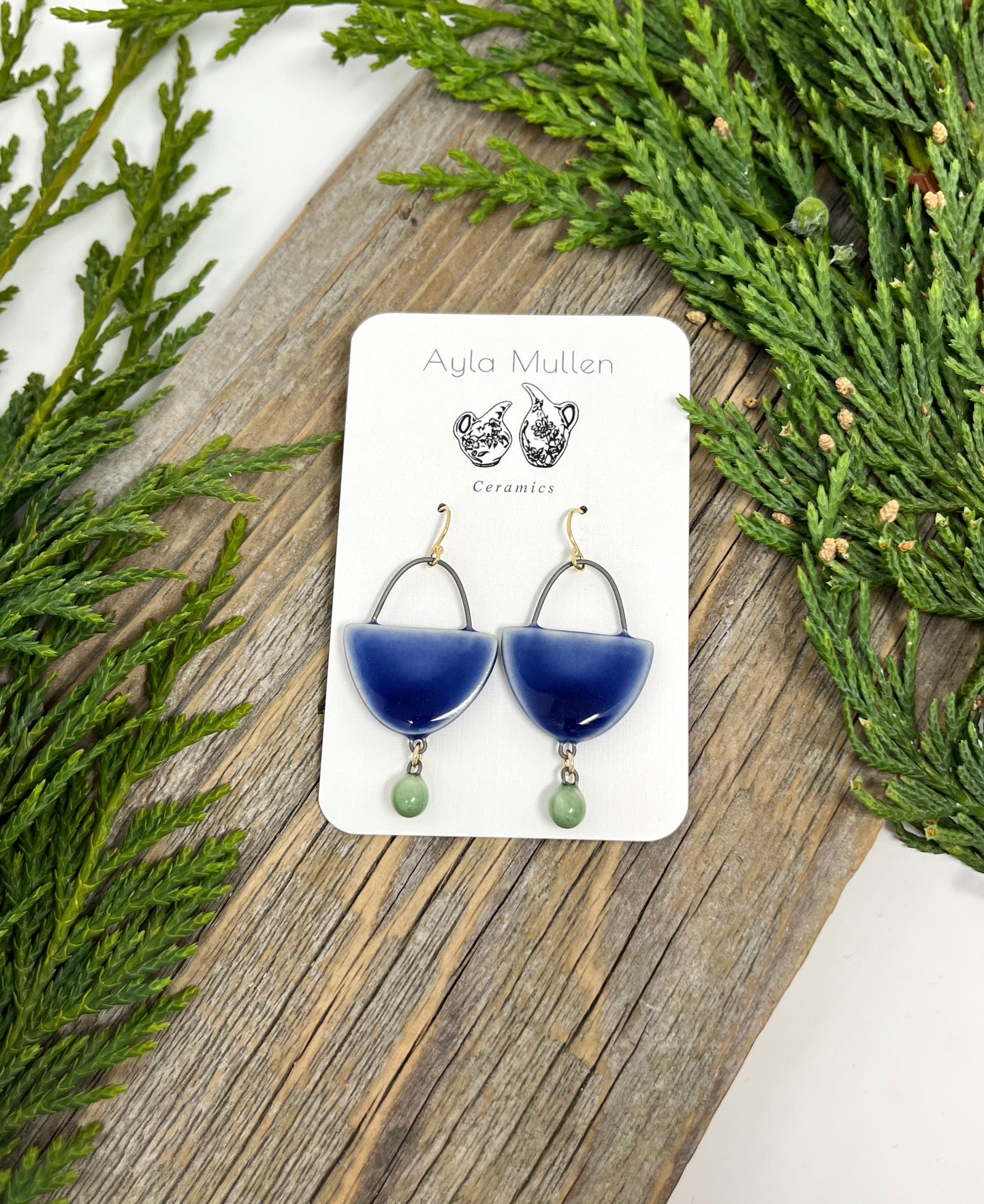Cobalt Arch Earrings with Green Dangles