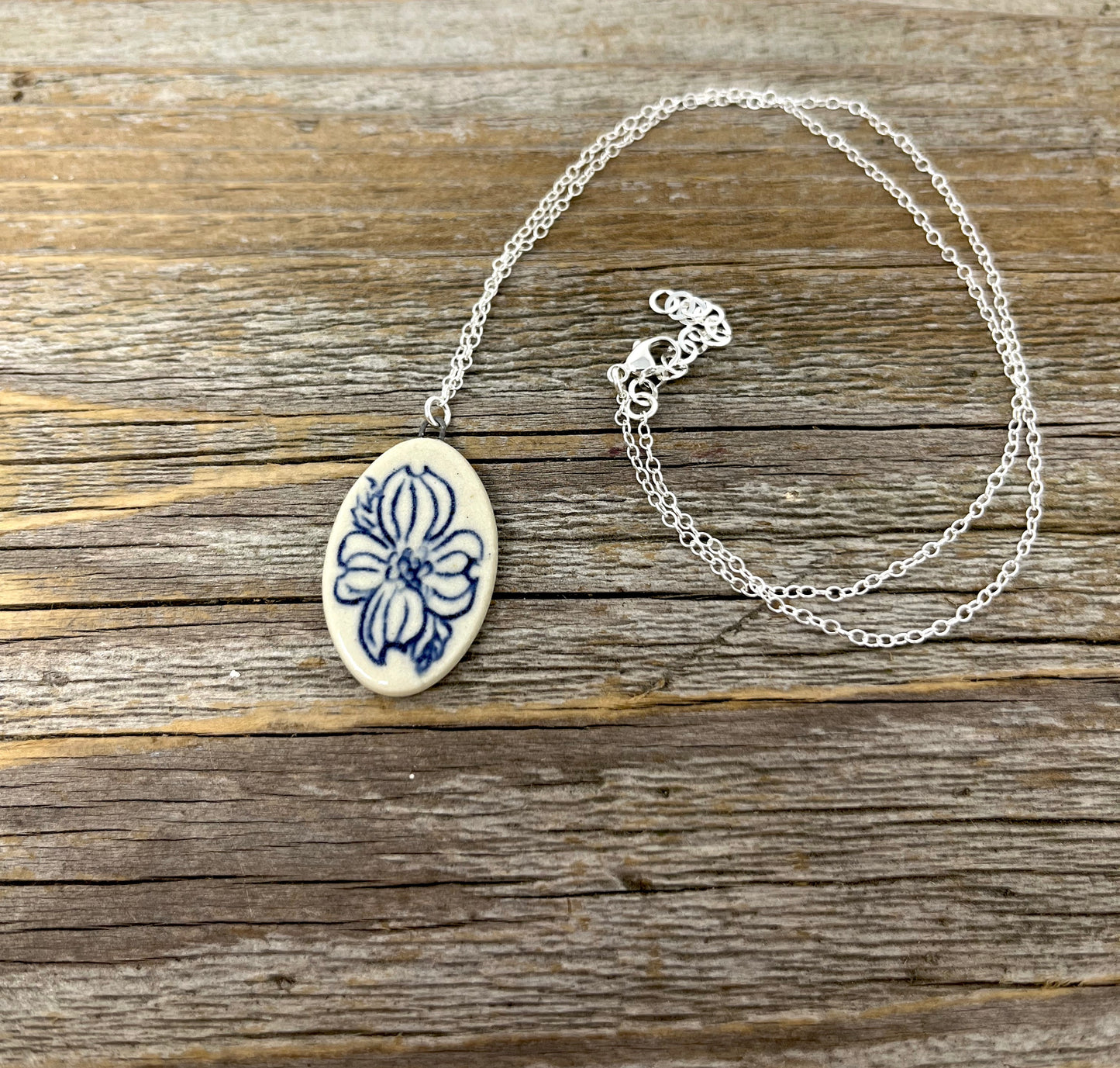 Oval Dogwood Necklace on sterling silver