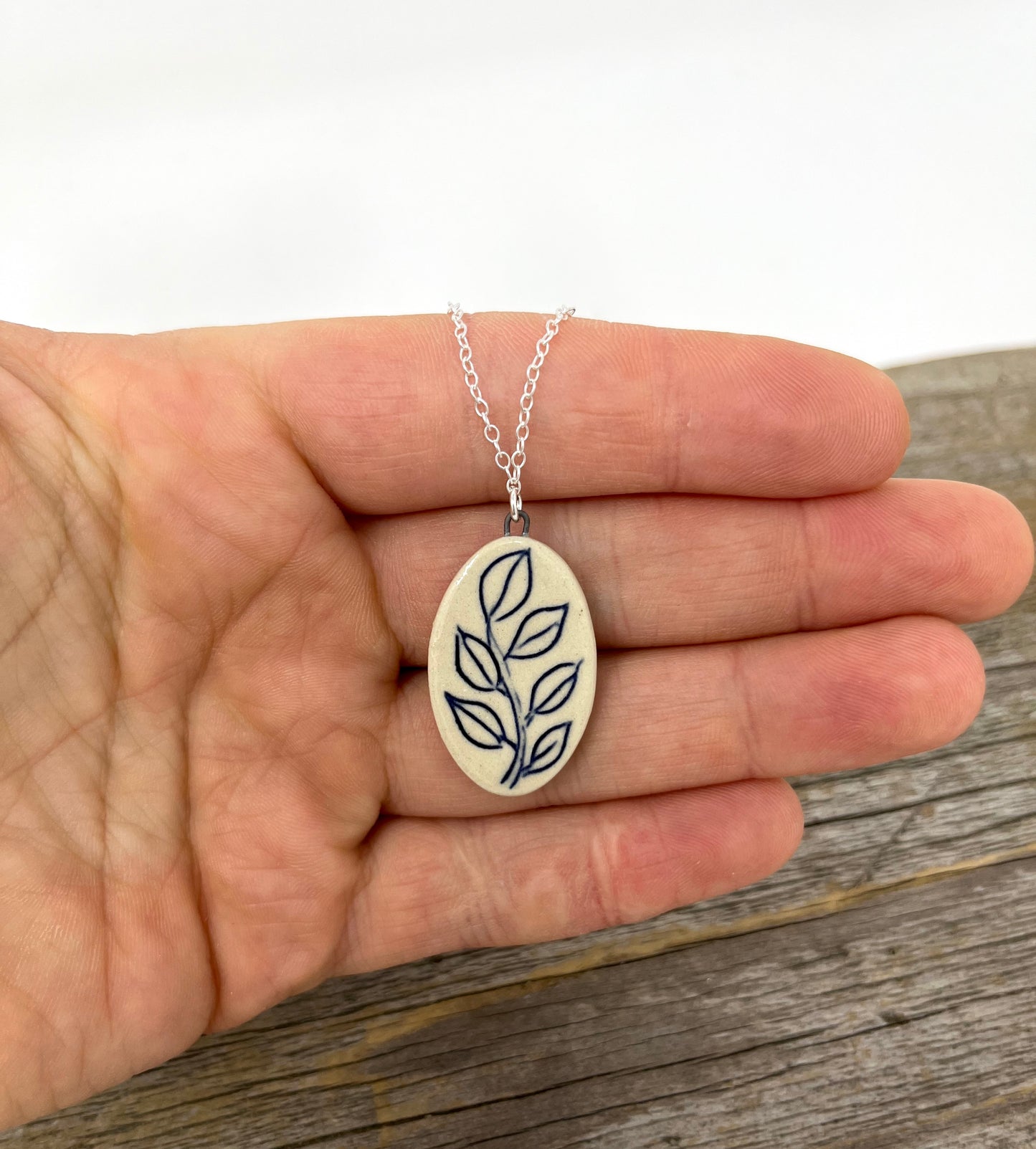 Oval Leaf Necklace on Sterling Silver