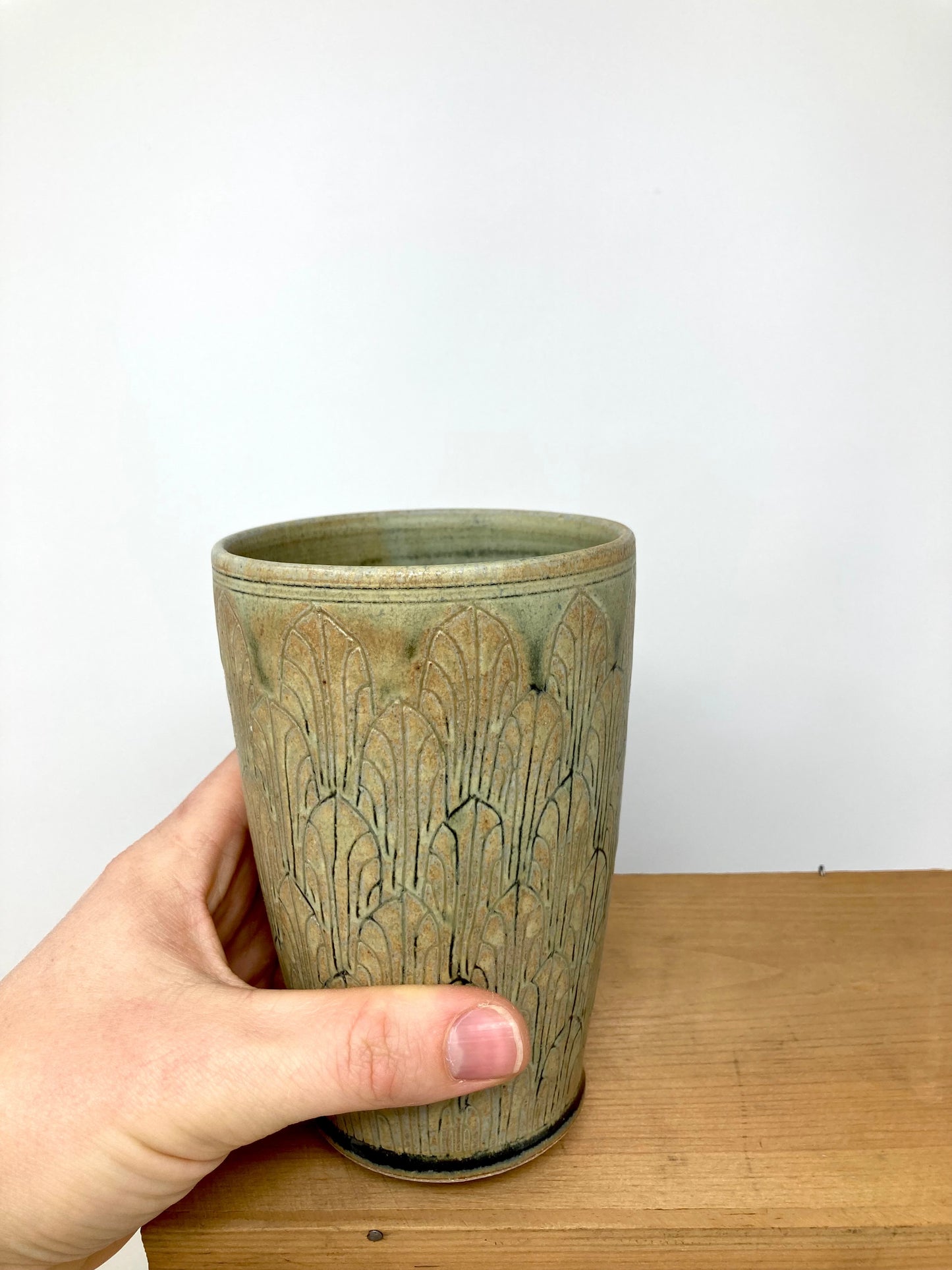 Art Deco Pattern Tumbler in Olive Green Glaze