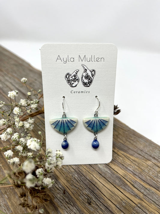 Striped Half-Circle Earrings with Blue Dangles