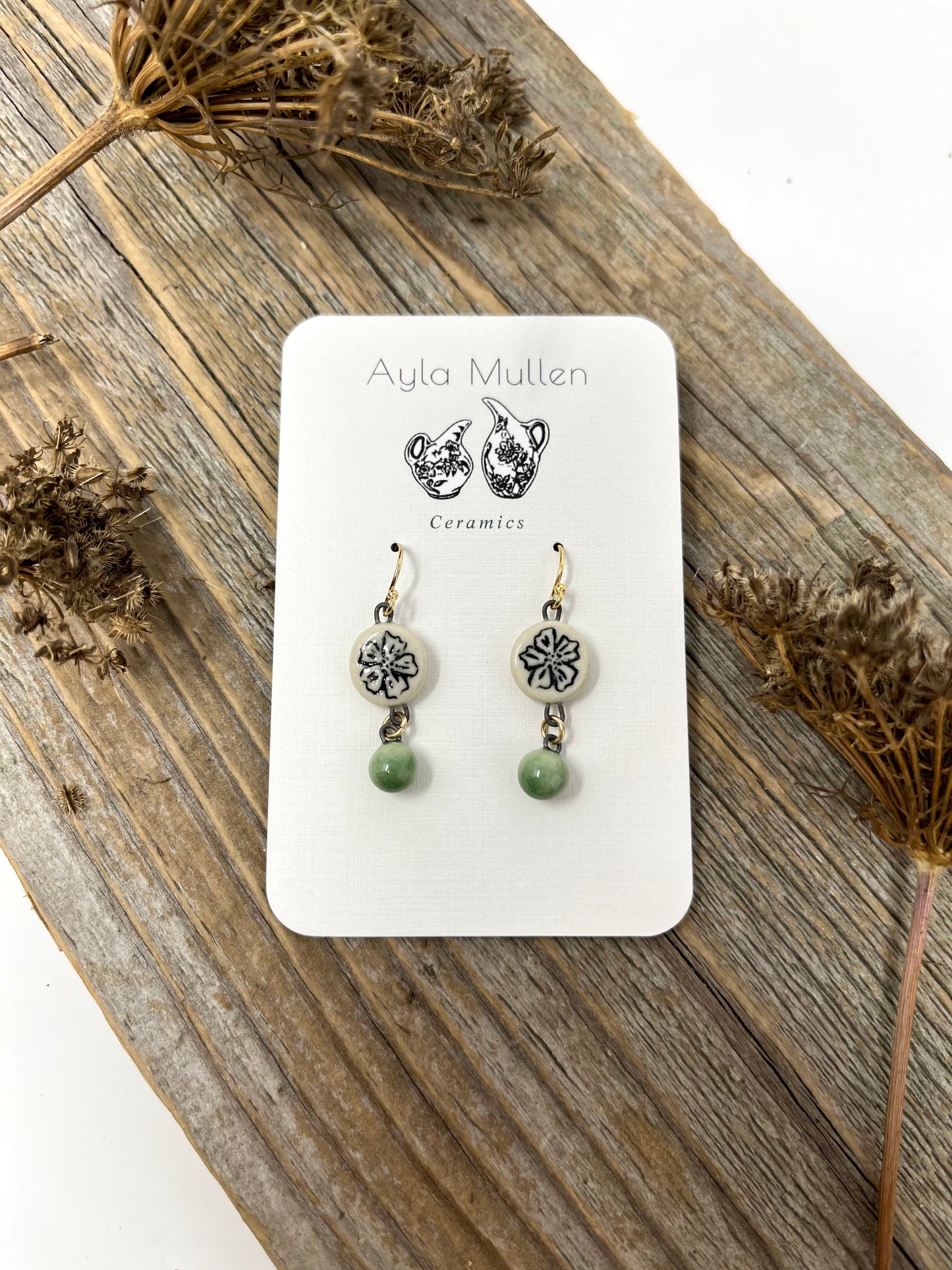Small Flower Earrings with Green Dangles