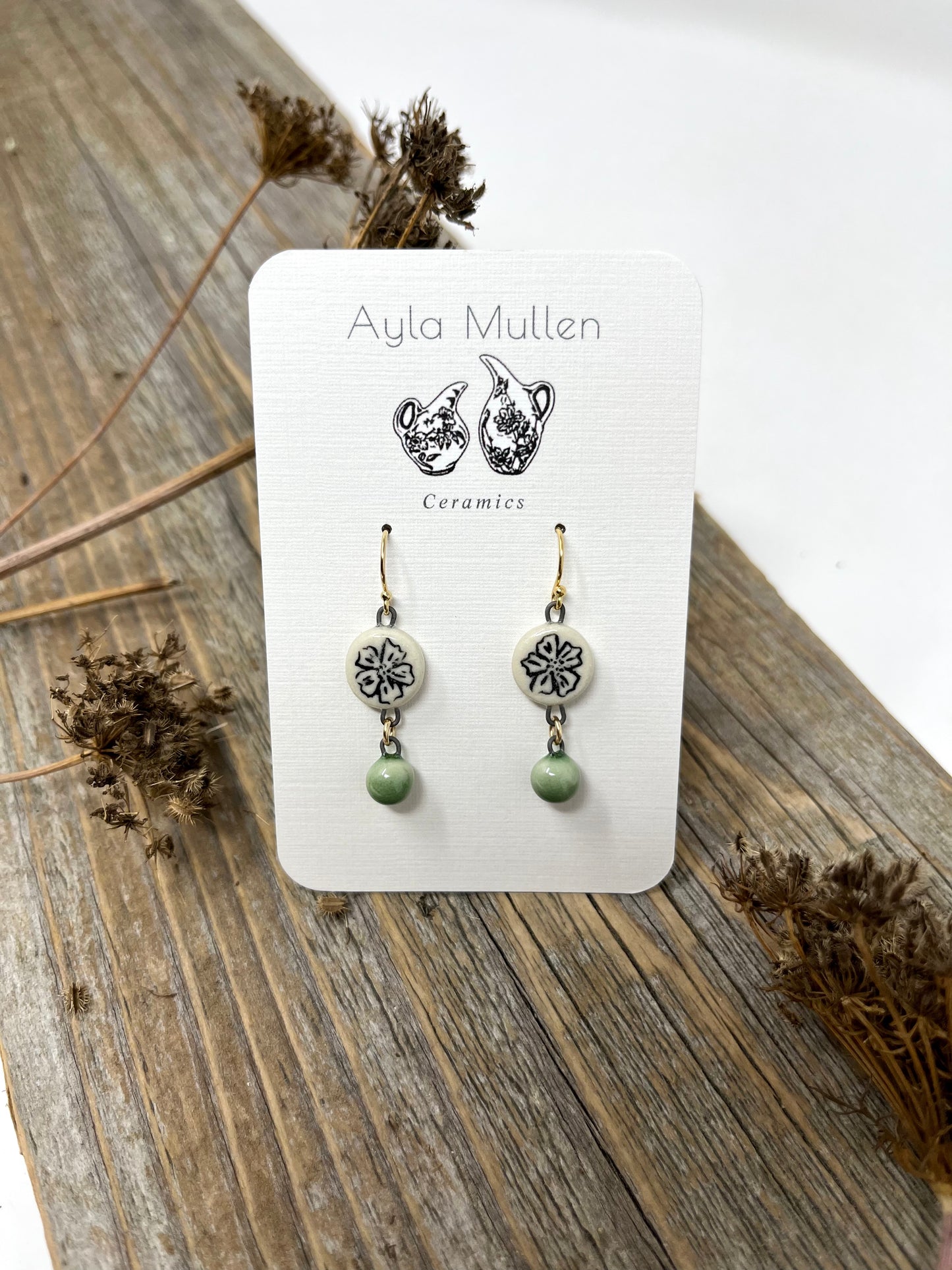 Small Flower Earrings with Green Dangles