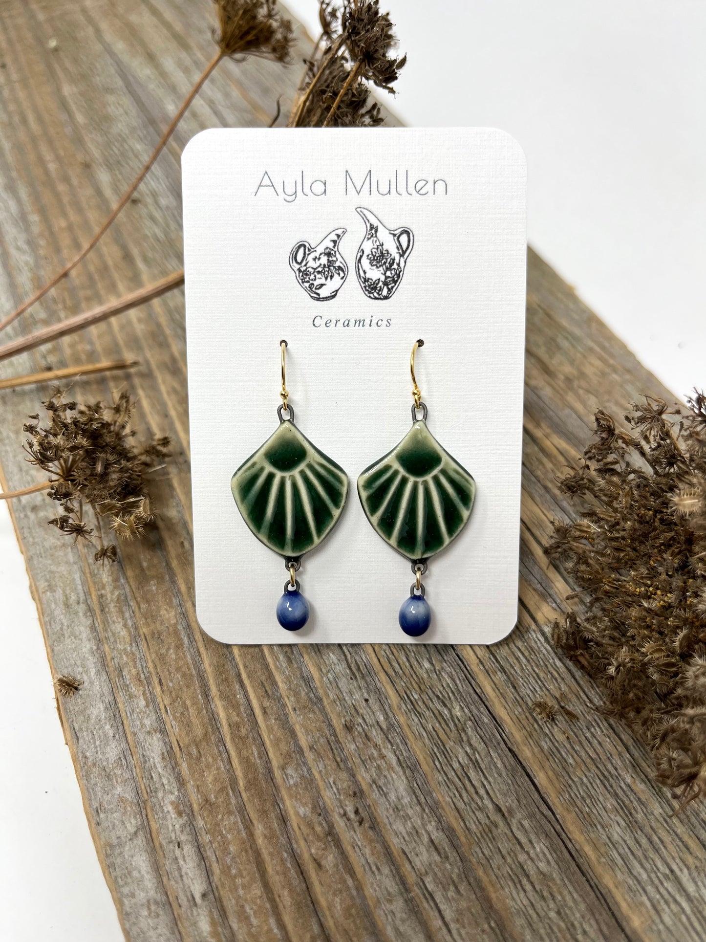 Green Art Deco Arch Earrings with Dangles
