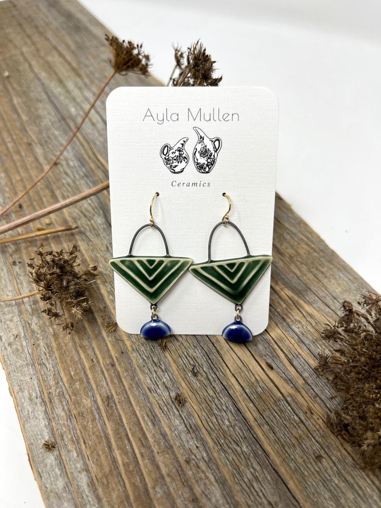 Green Triangle Earrings with Dangles