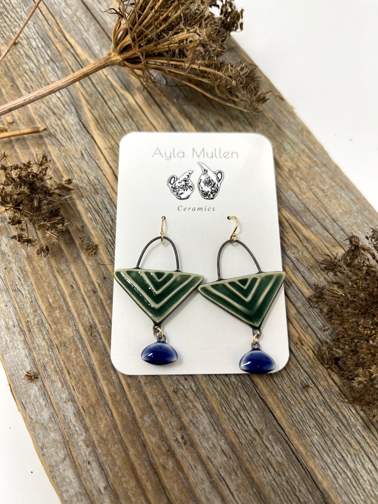 Green Triangle Earrings with Dangles