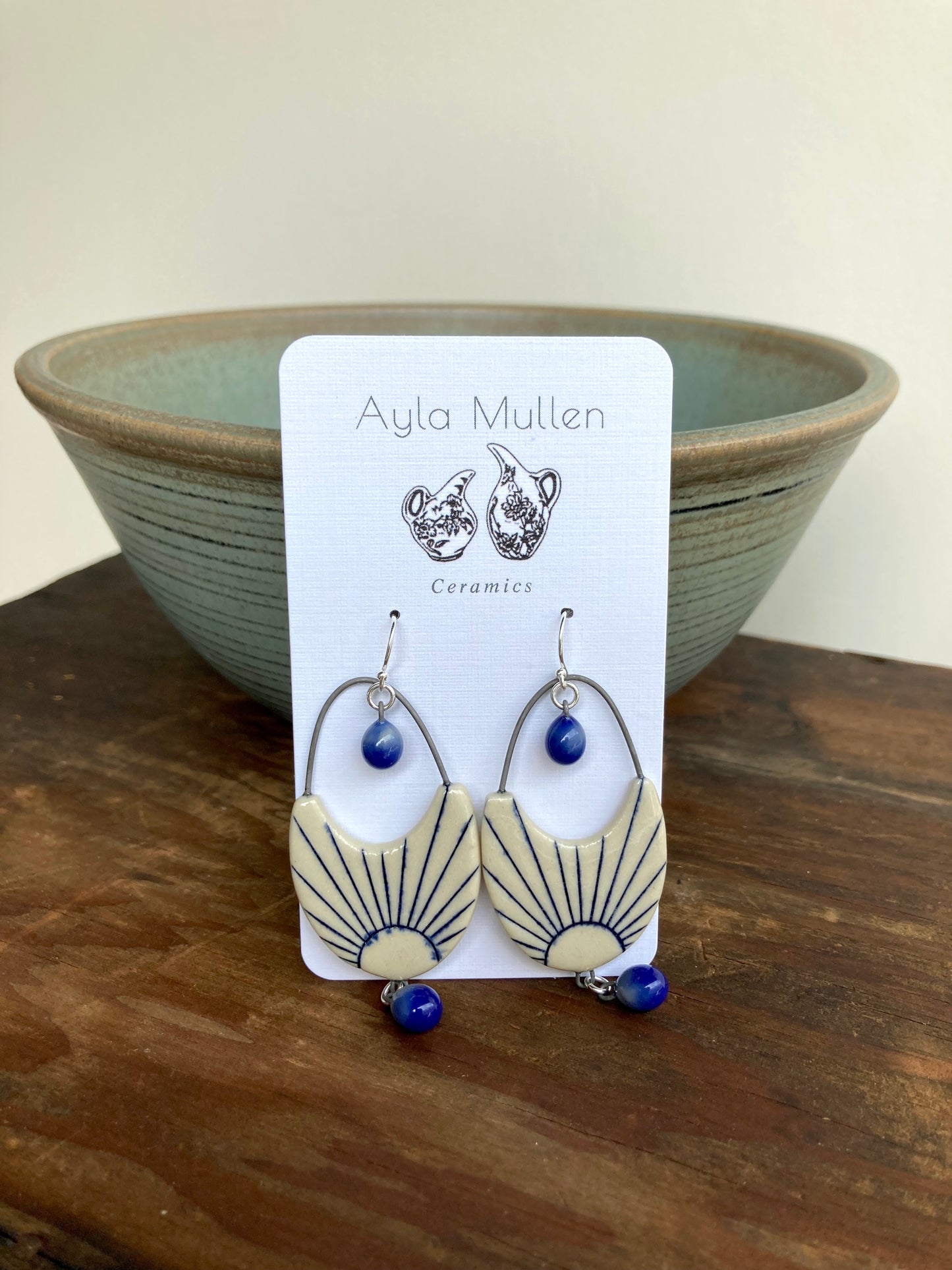 Large Sunburst Earrings with Blue Dangles, on Sterling Silver