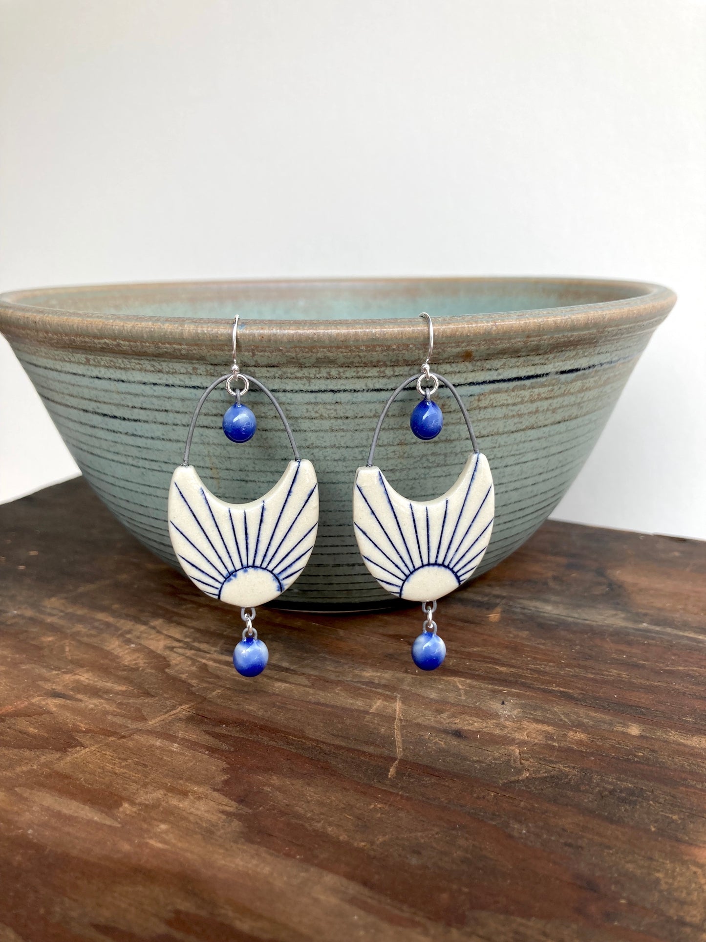 Large Sunburst Earrings with Blue Dangles, on Sterling Silver