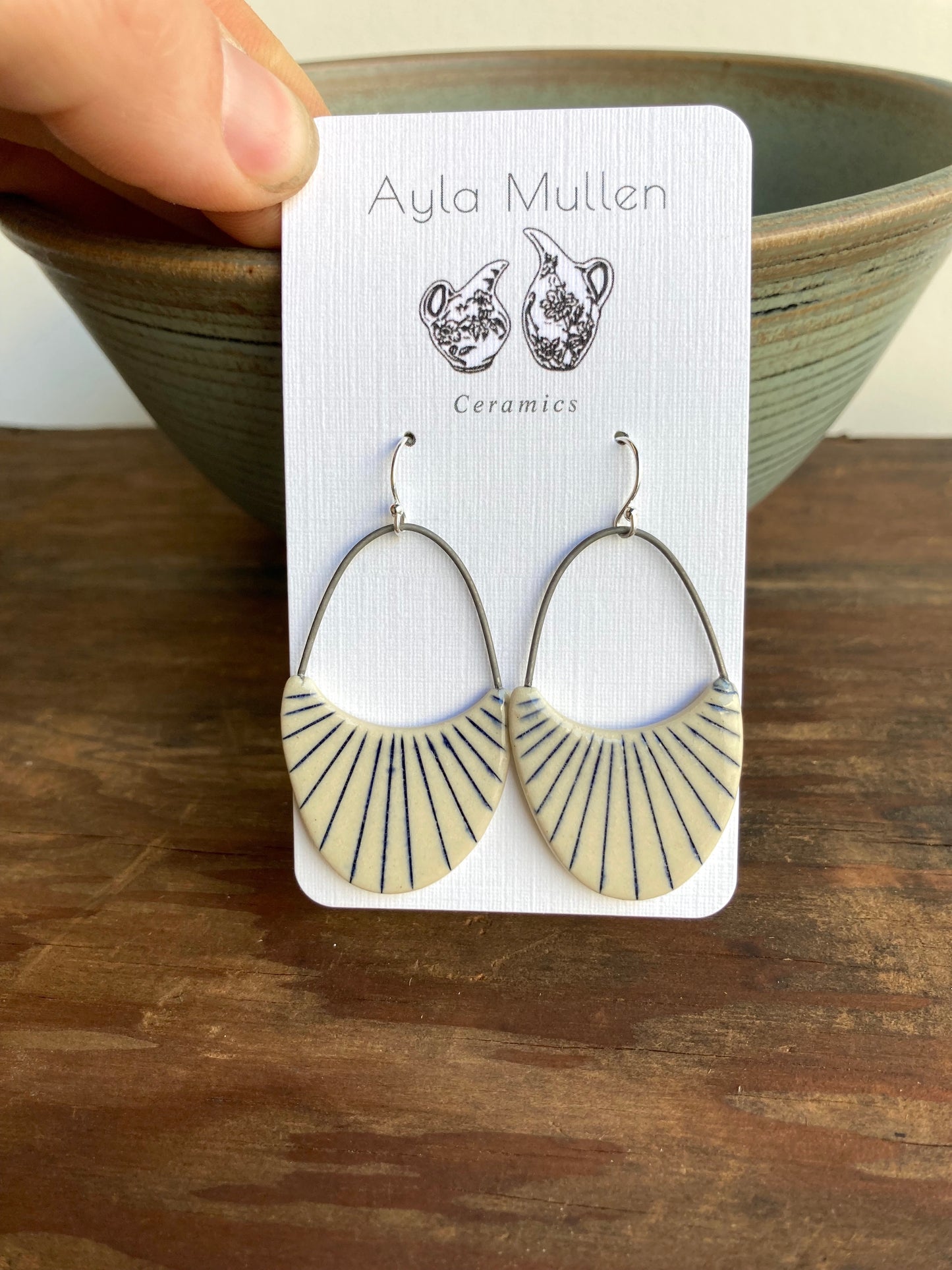 Striped Oval Arch Earrings in Cobalt Blue, Sterling Silver