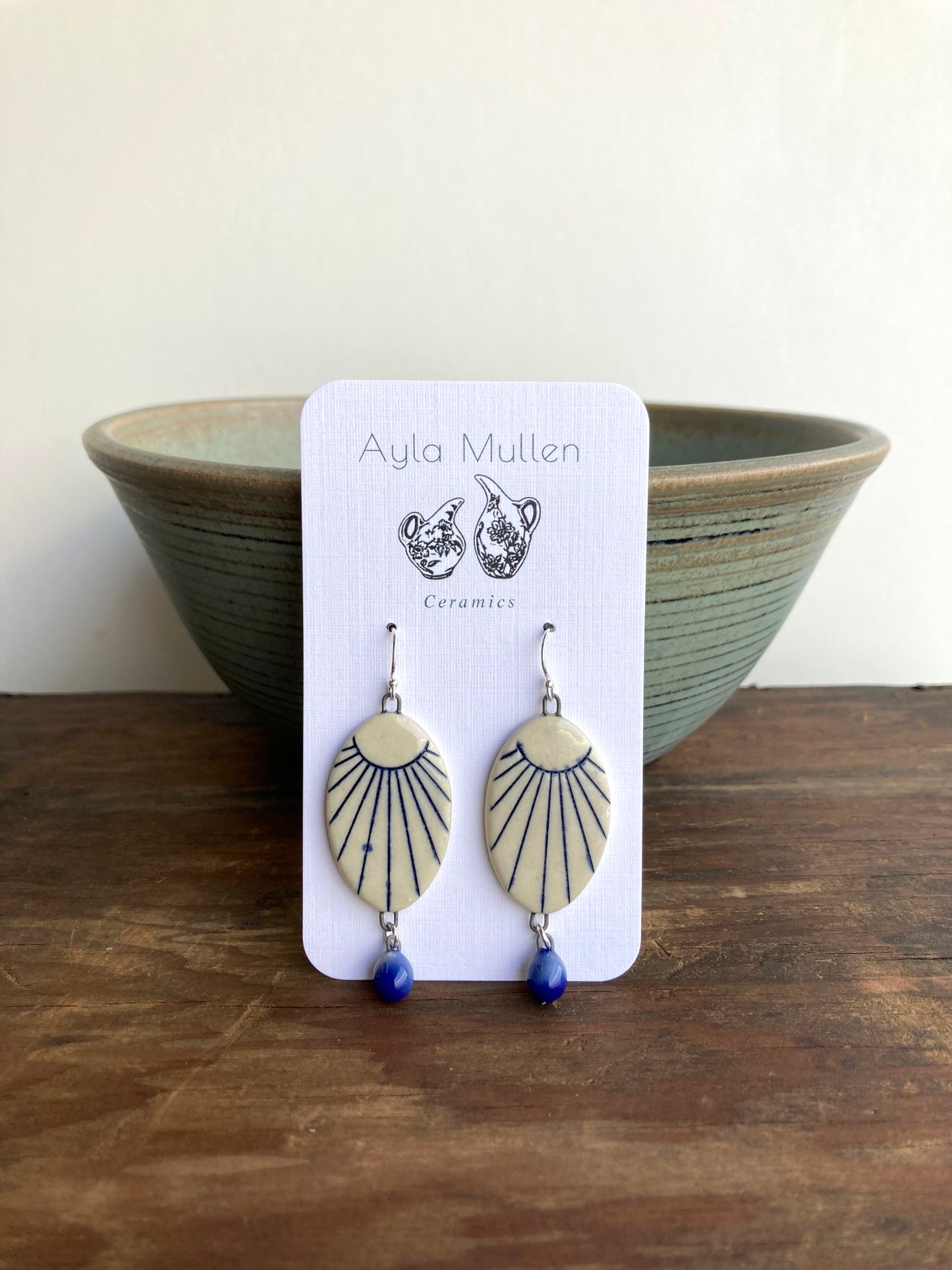 Oval Sunburst Earrings in Blue and White, Sterling Silver