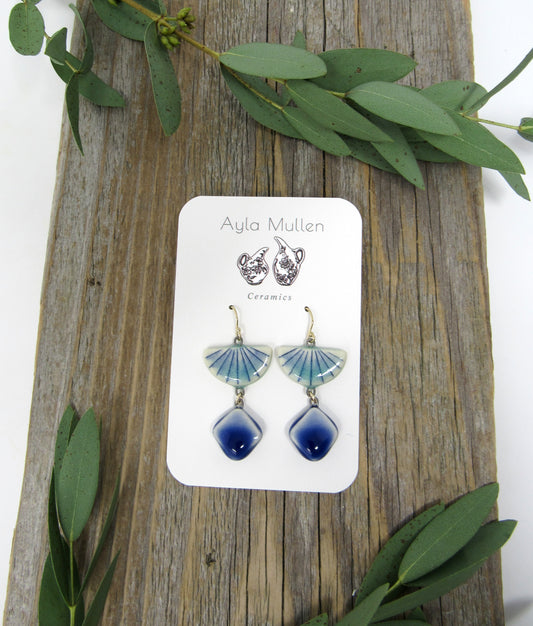 Striped Half-Circle Earrings with Blue Dangles