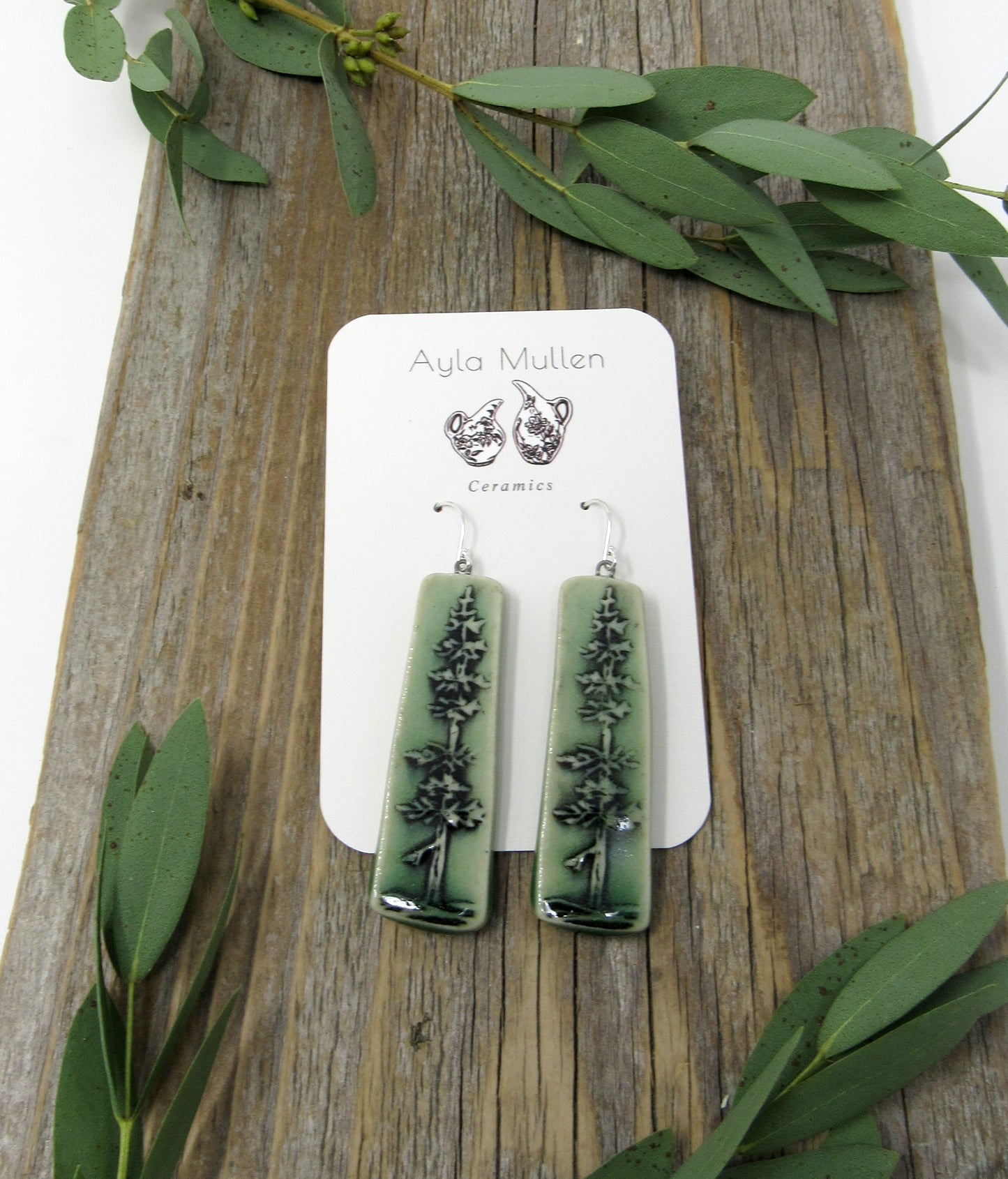 Stamped Evergreen Tree Earrings in Black and Green