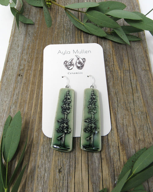 Stamped Evergreen Tree Earrings in Black and Green
