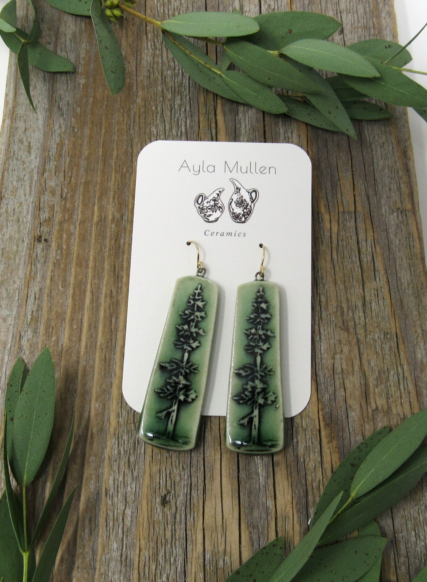 Stamped Evergreen Tree Earrings in Black and Green