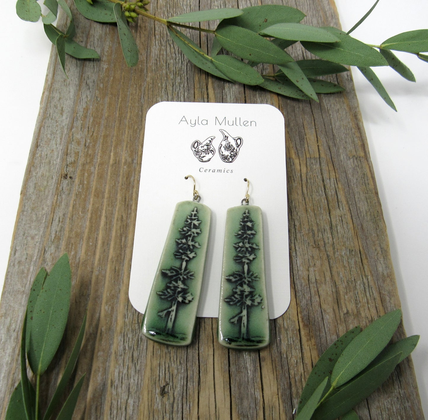 Stamped Evergreen Tree Earrings in Black and Green