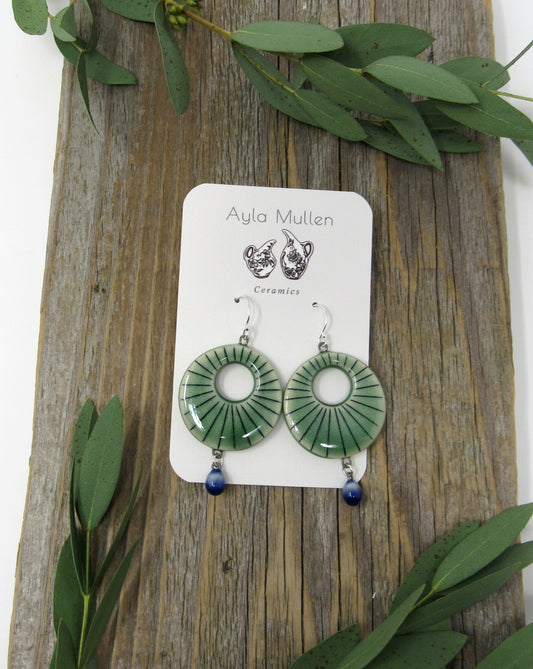 Striped Round Cutout Earrings in Black and Green, sterling silver