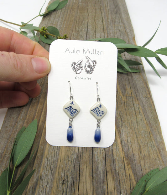 Small Mountain Landscape Earrings with Blue Dangles