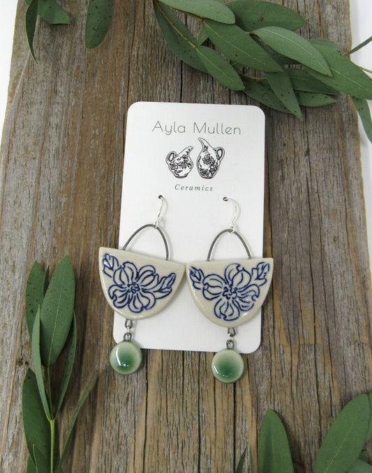 Large Dogwood Arch Earrings with Green Dangles