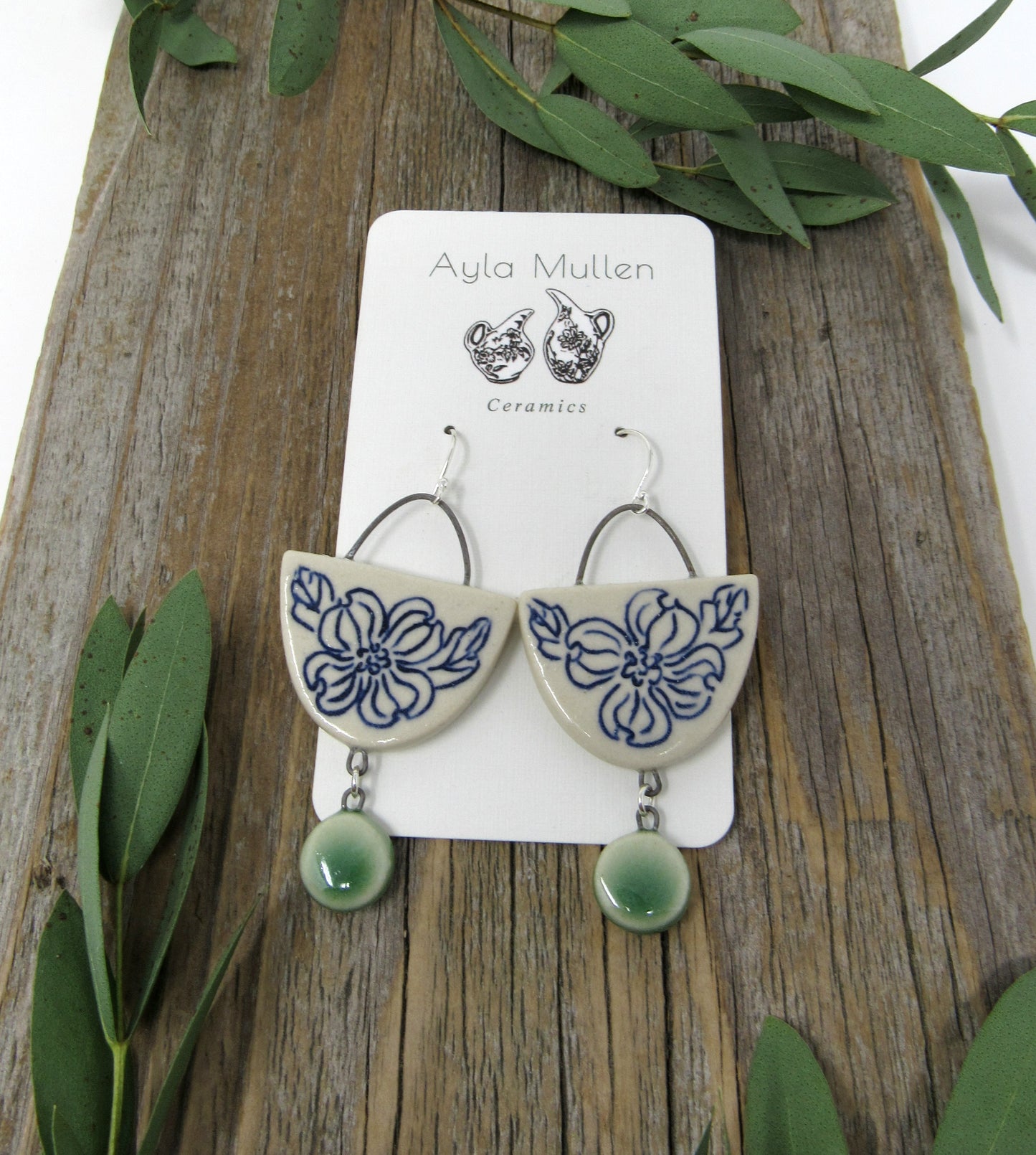 Large Dogwood Arch Earrings with Green Dangles
