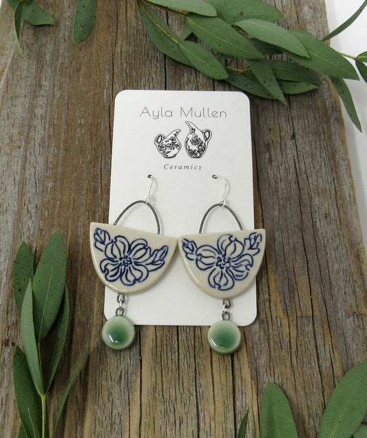 Large Dogwood Arch Earrings with Green Dangles