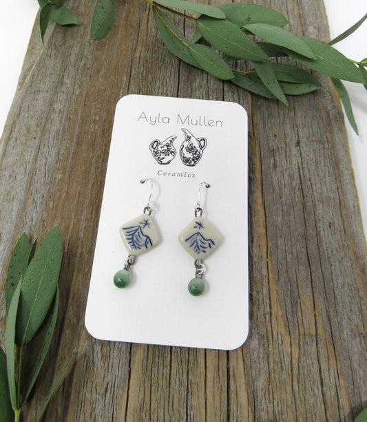 Tiny Mountain Landscape Earrings with Green Dangles