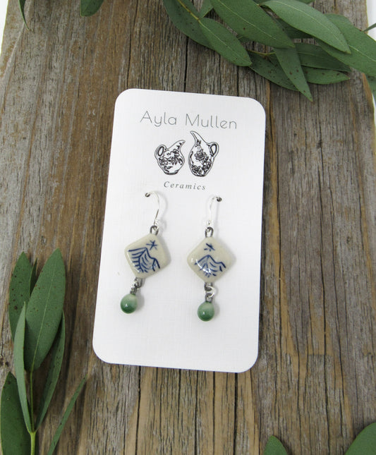 Tiny Mountain Landscape Earrings with Green Dangles