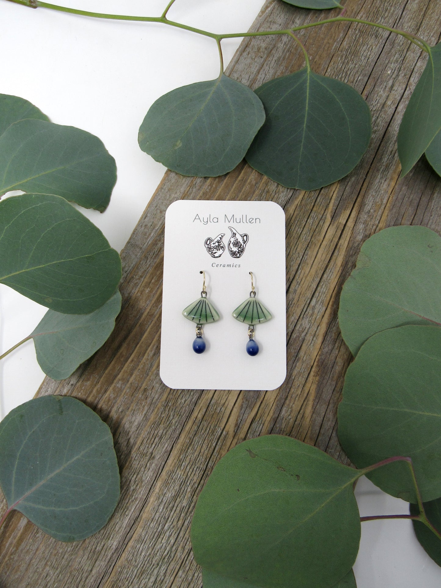 Striped Fan Earrings in Green with dangles