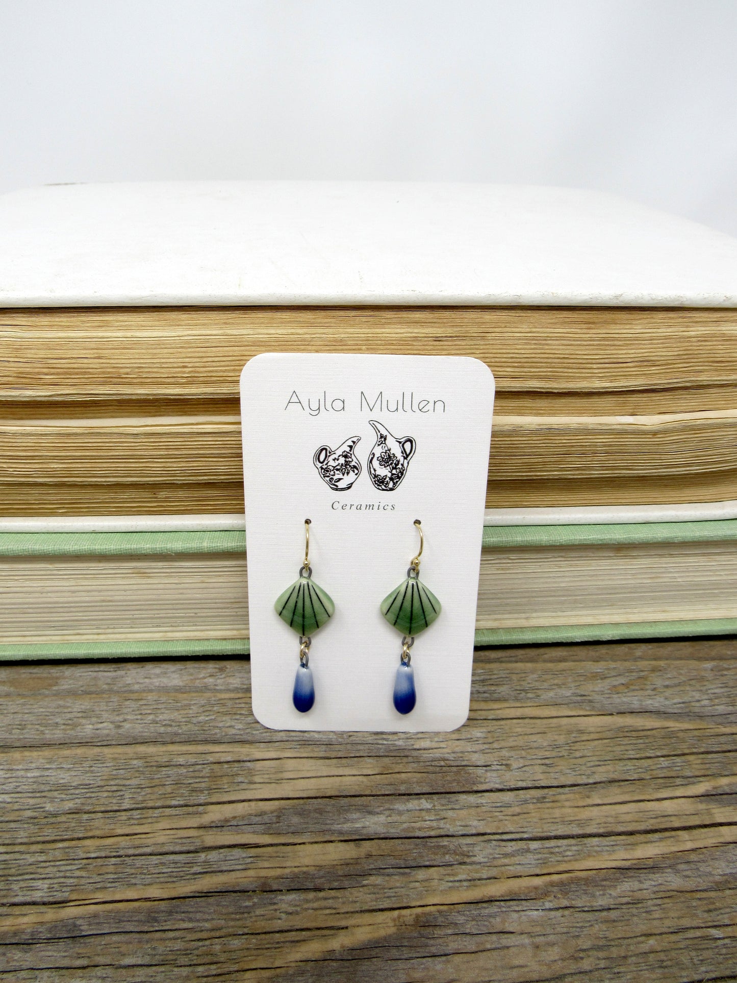 Striped Green Fan Earrings with dangles