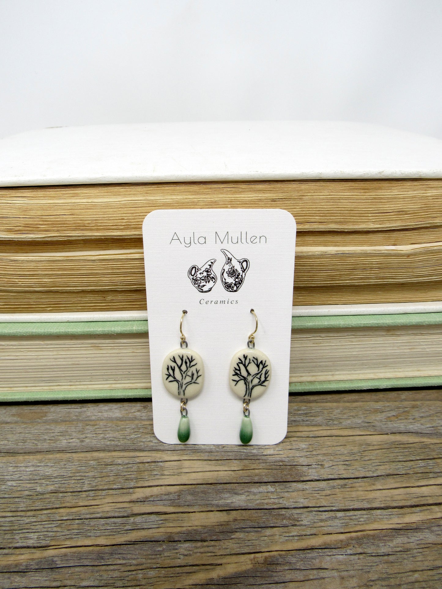 Small Winter Tree Earrings with Green Dangles