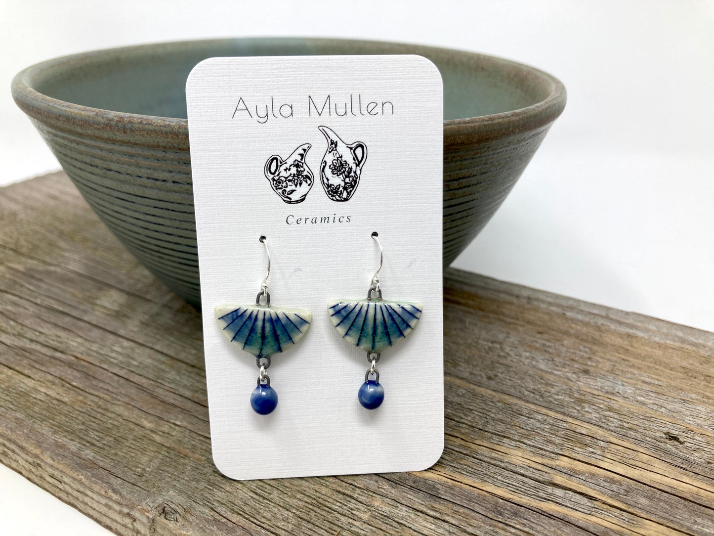Striped Half-Circle Earrings with Blue Dangles