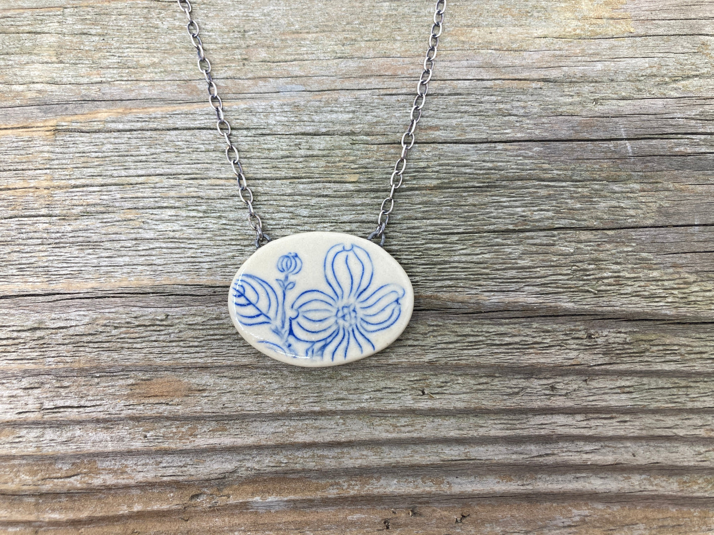 Oval Dogwood Statement Pendant on Oxidized Sterling Silver
