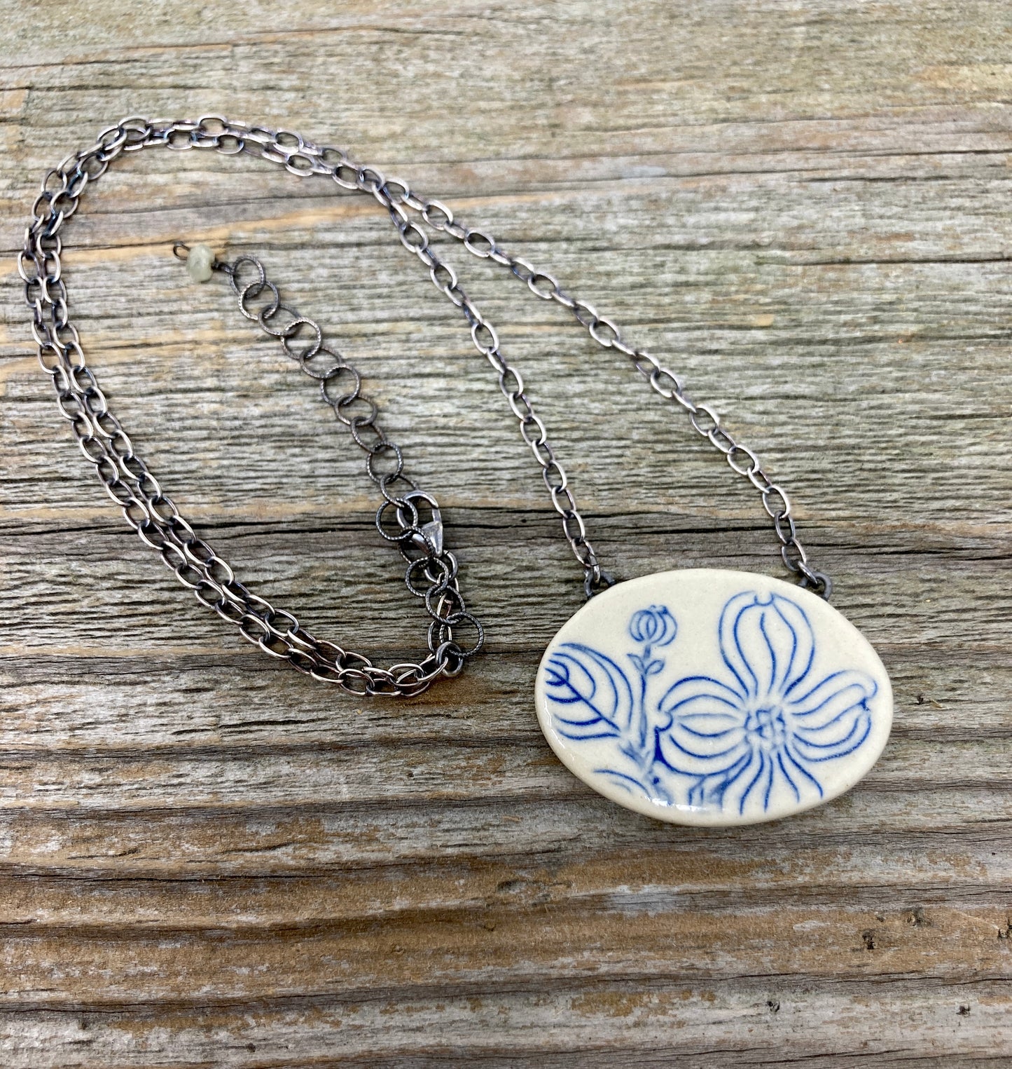 Oval Dogwood Statement Pendant on Oxidized Sterling Silver