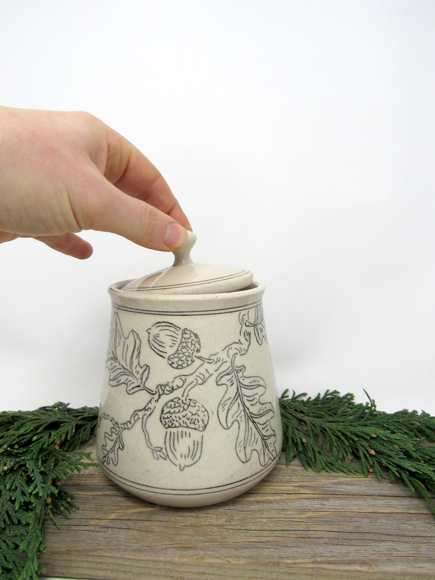 Oak and Acorn Sugar Jar in Black and Gray