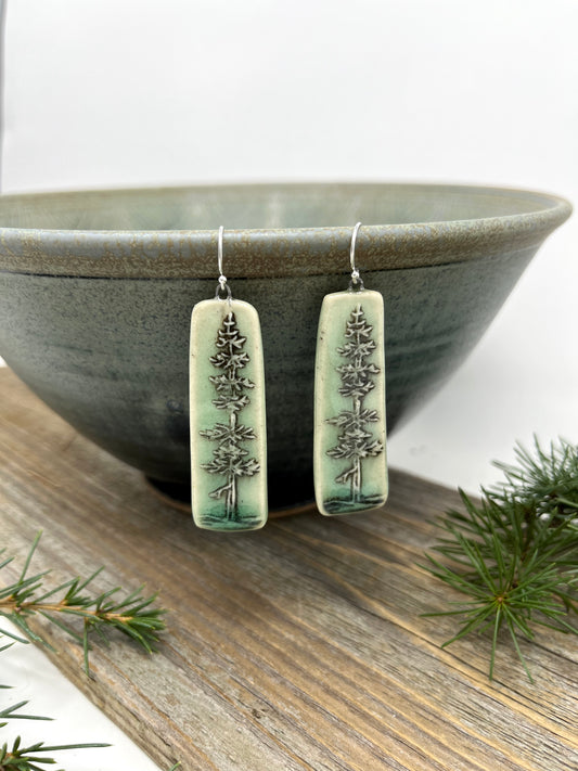 Stamped Evergreen Tree Earrings in Black and Green