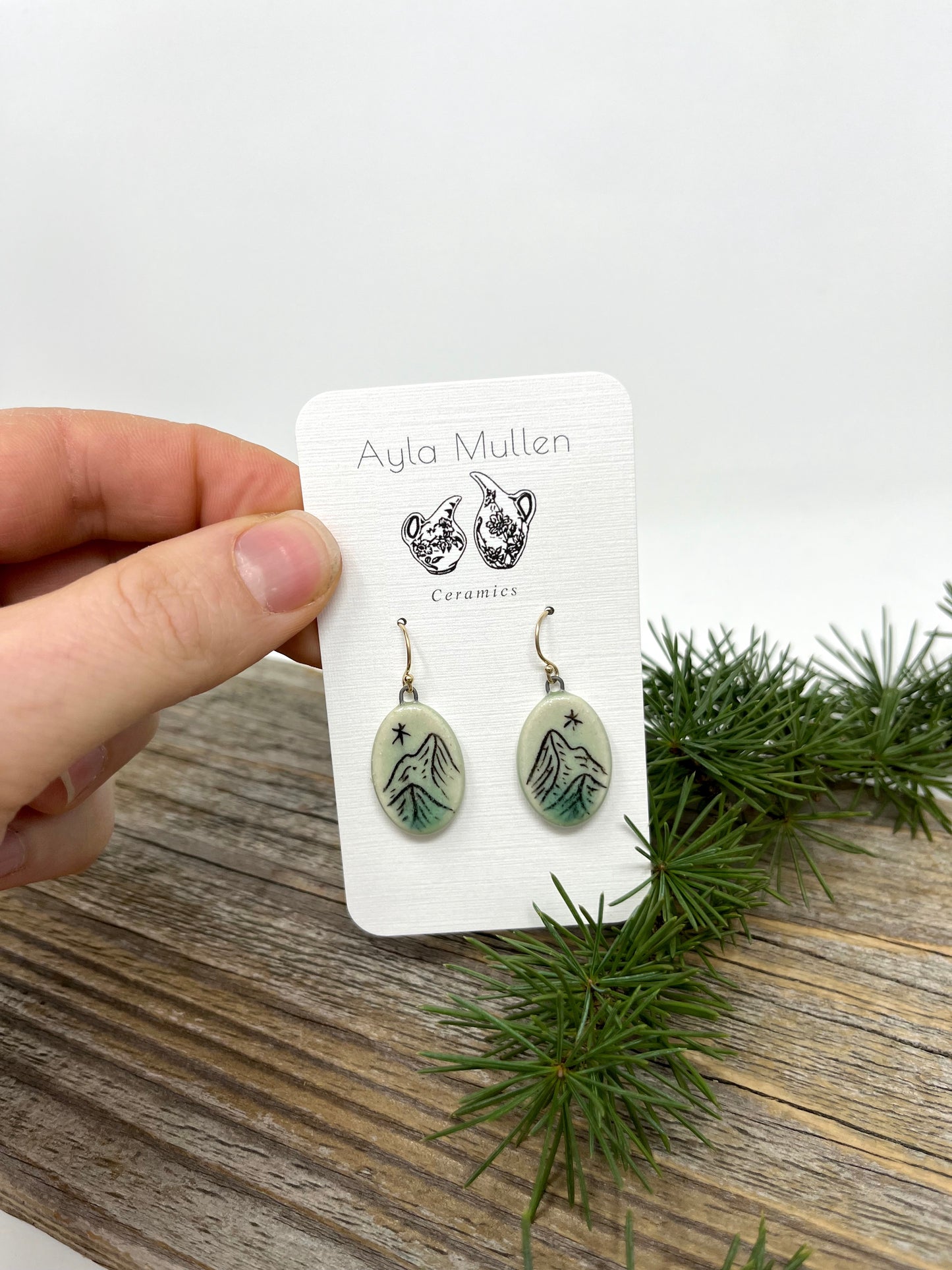 Oval Mountain Landscape Earrings, Black and Green, gold-filled