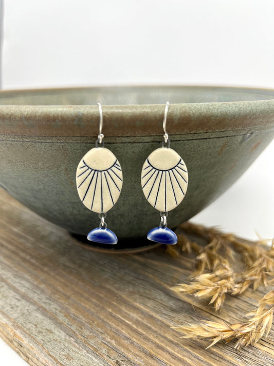Oval Sunburst Earrings with Blue Dangles