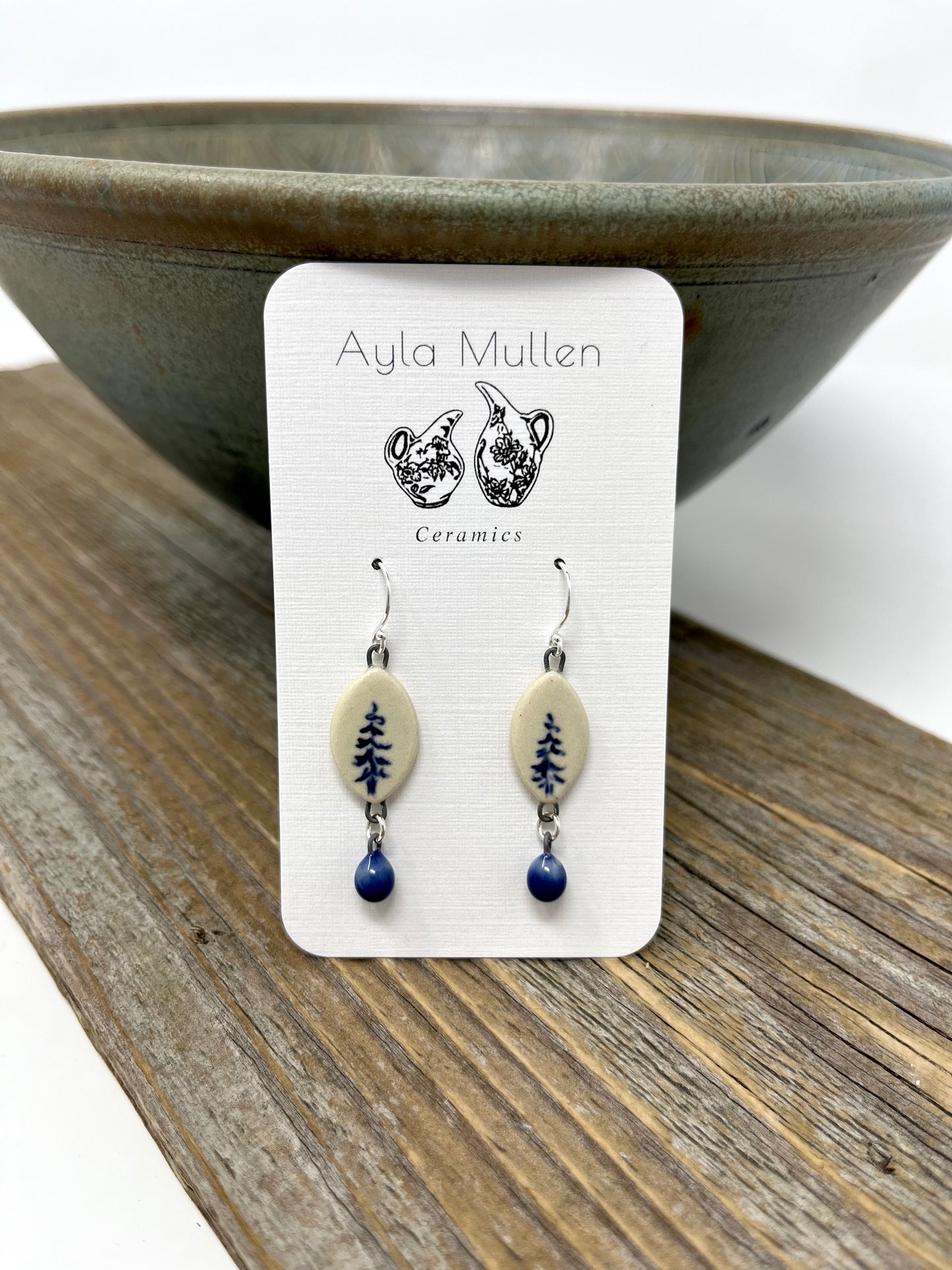 Oval Tree Earrings with Cobalt Blue Dangles