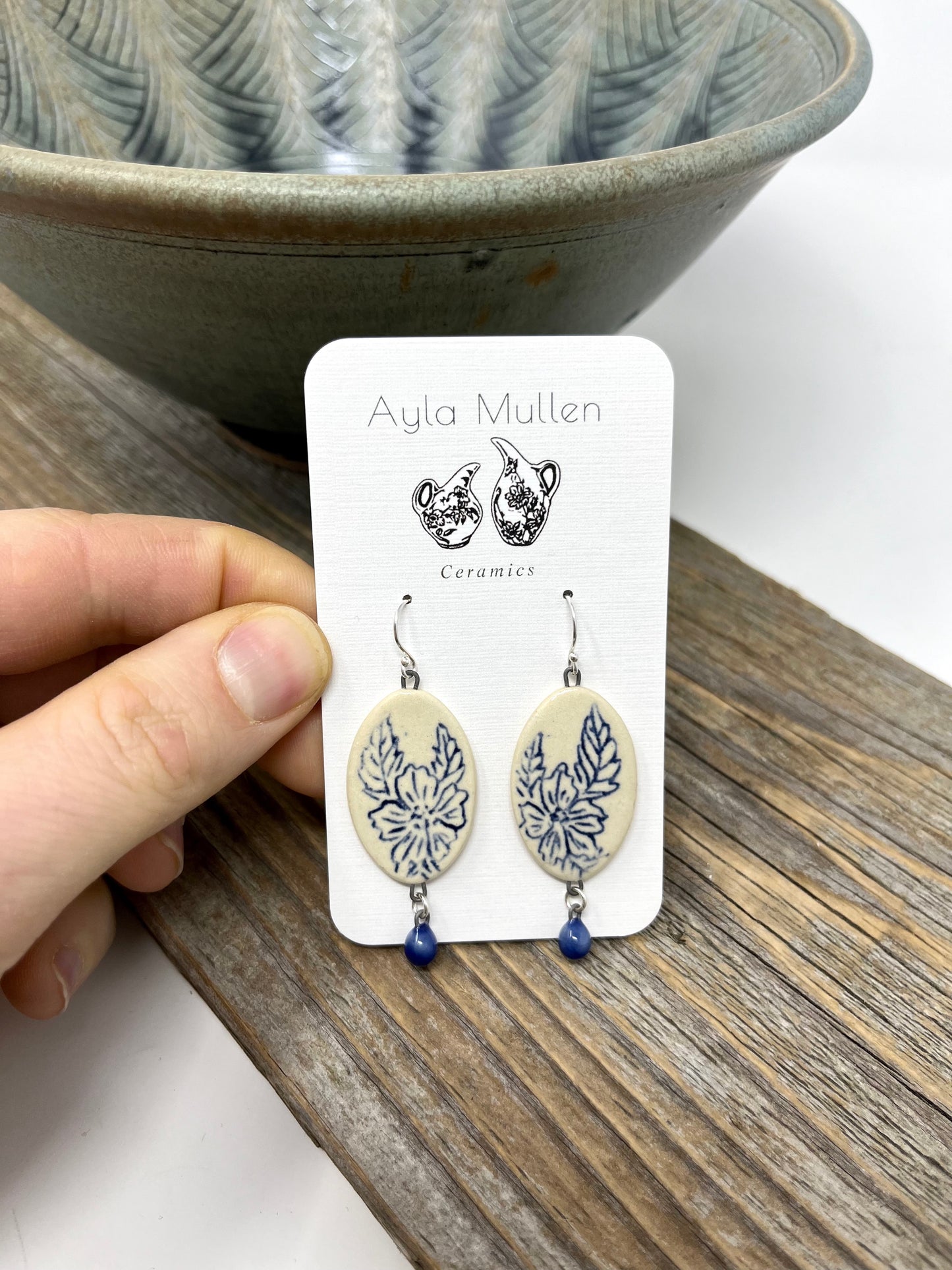 Oval Wild Rose Earrings with Cobalt Blue Dangles, Sterling Silver