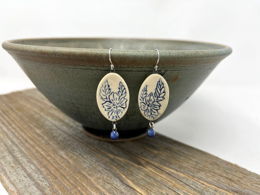 Oval Wild Rose Earrings with Cobalt Blue Dangles, Sterling Silver