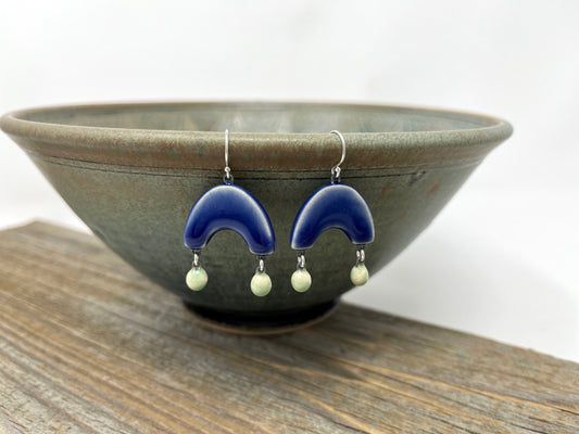 Cobalt Arch Earrings with Green Dangles, Sterling Silver