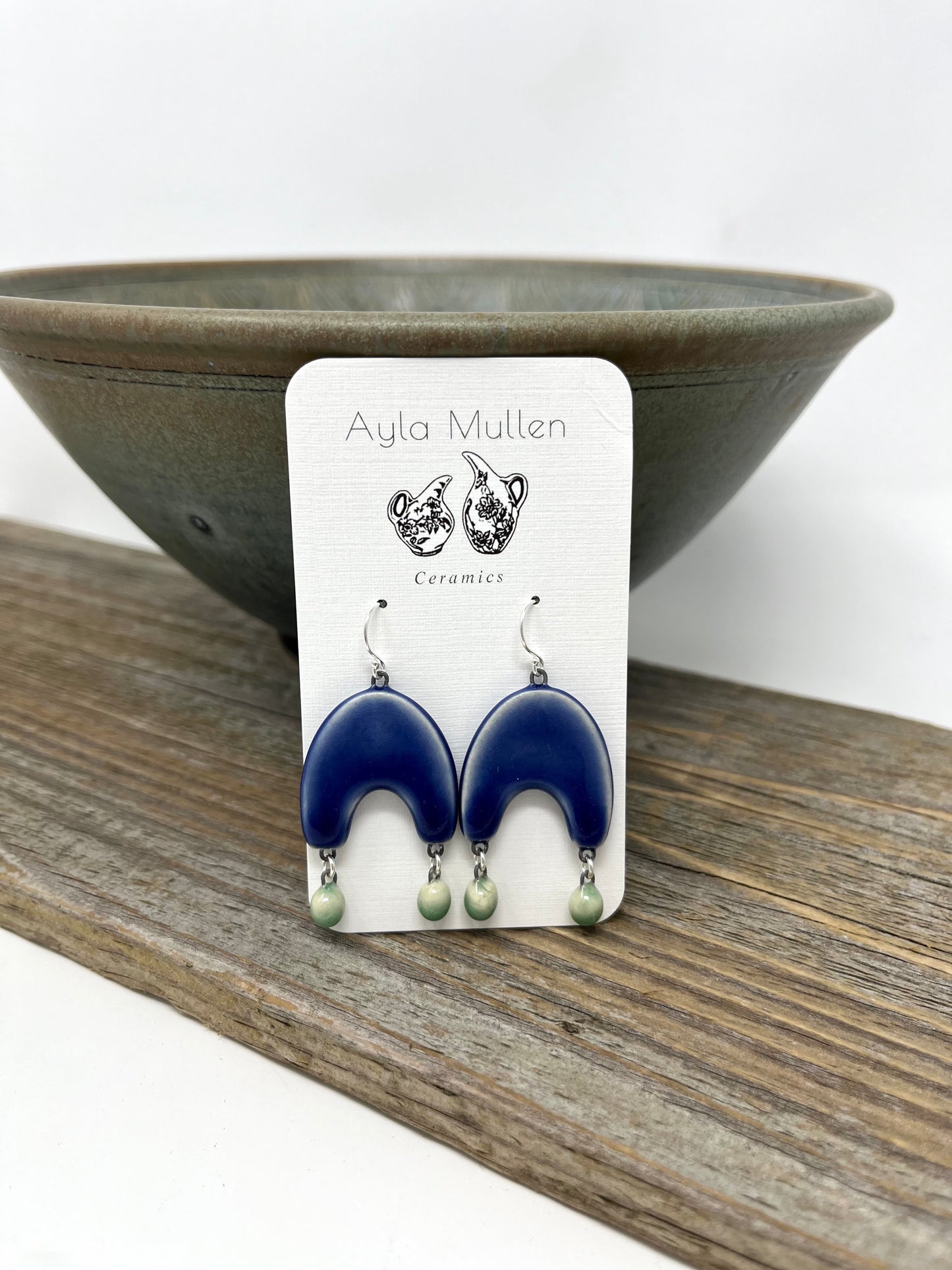 Large Cobalt Arch Earrings with Green Dangles, Sterling Silver