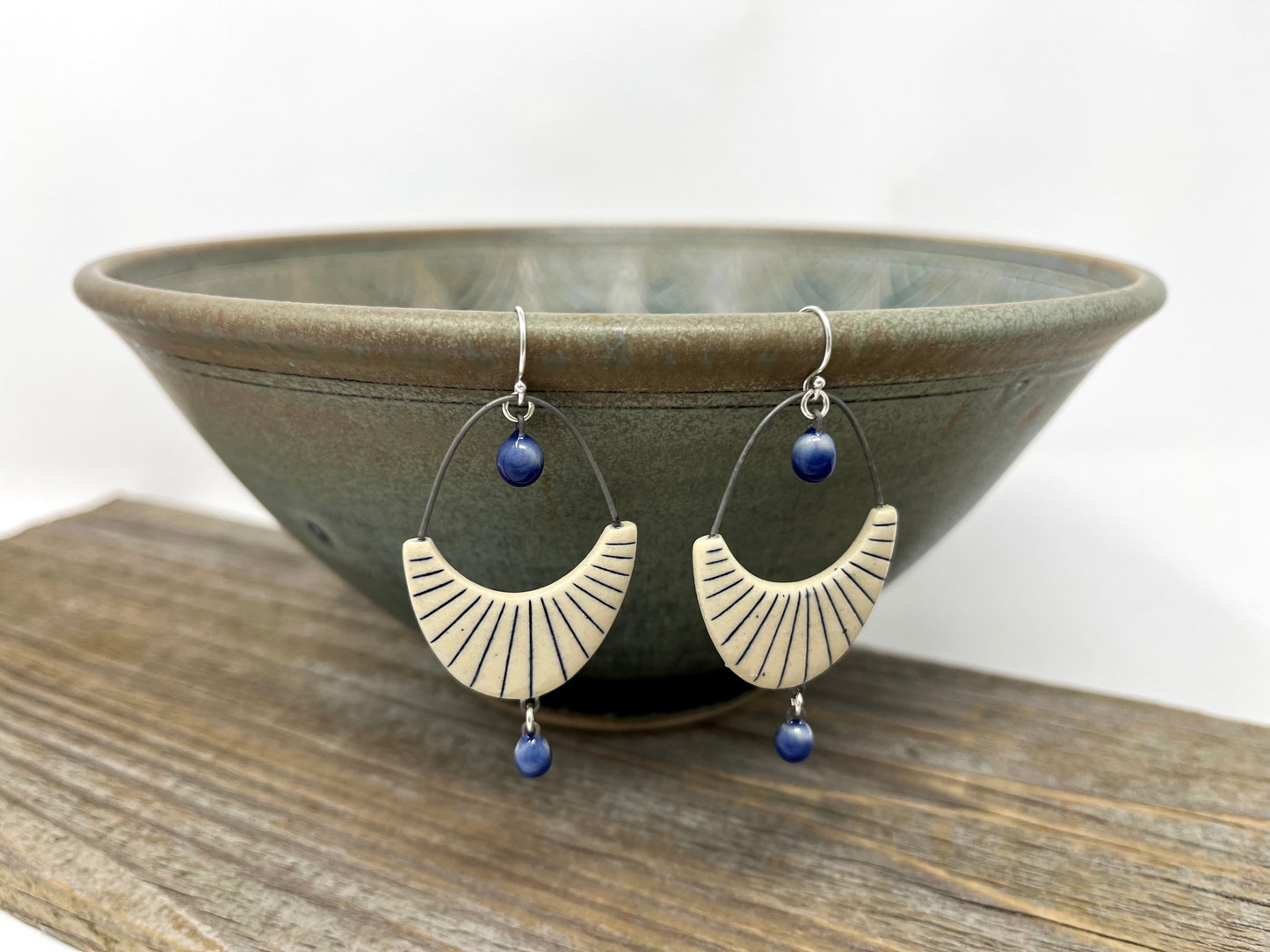 Arched Art Deco Earrings with Cobalt Dangles, on Sterling Silver